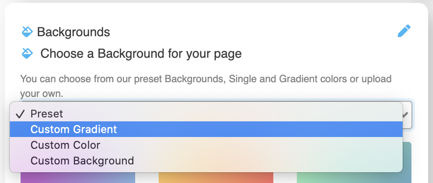 LinkBossPro biolink page nackground customization option select image