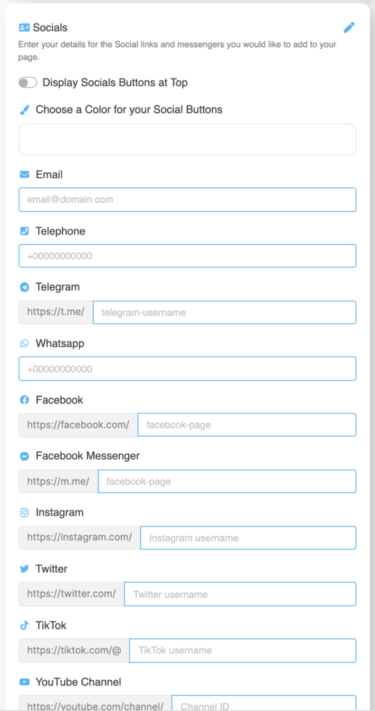 LinkBossPro biolink page socials section input fields