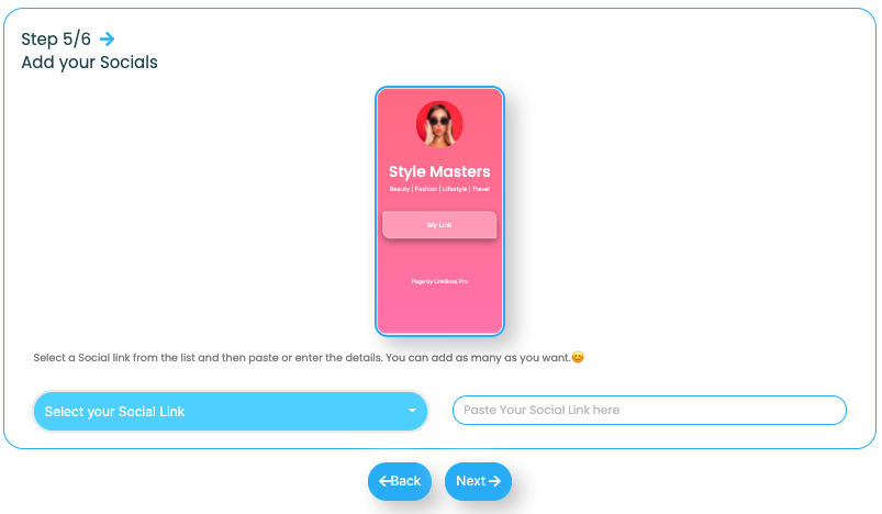 LinkBossPro custom background select social media and key contact information select image