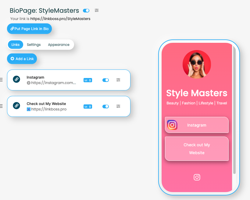 LinkBossPro custom template continue editing option dashboard edit image