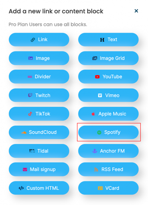 LinkBossPro add spotify link to your biolink page