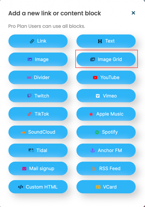 LinkBossPro artist - add an image grid to your page link type selector tool image