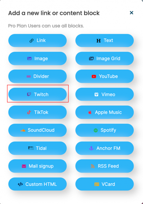 LinkBossPro add twitch video to your page lonk selection tool image (link in bio biolink)