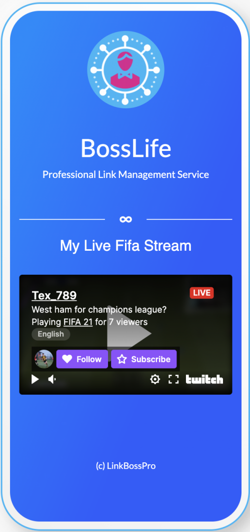 LinkBossPro add your Twitch live video stream to your Biolink page example page image